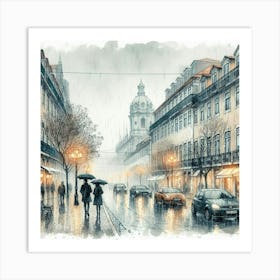 Captivating Watercolor and Ink Sketch: Enchanting Street Scene in Lisbon Amidst Rain by the Tejo River. Art Print