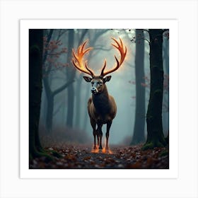 A Majestic Stag With Antlers Of Glowing, Fractal Patterns Standing In A Dreamlike Forest 1 Art Print