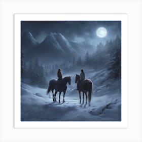 Two People On Horses In The Snow Art Print