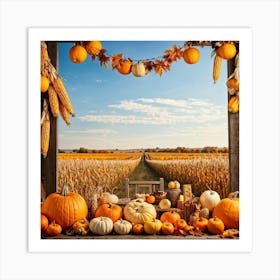 Autumnal Harvest Scene Capturing A Gourd Squash And Pumpkin Amongst A Field Of Corn Under A Cornfl (7) Art Print