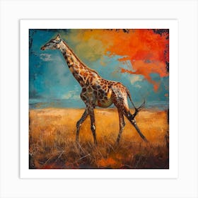 Warm Tones Of Giraffe Walking Through The Grass 1 Art Print