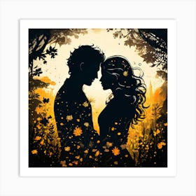 Silhouettes Of Two People Hugging Surrounded By Elements Of Nature Flowers Trees Growing , Silhouette Of Couple In The Forest Art Print