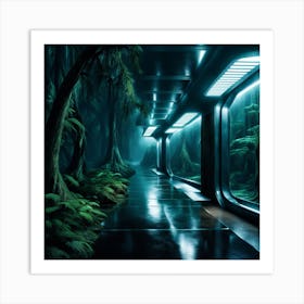 Forest Night Rain Interior Lit Entrances To Alien Spaceship Corridors Fumes From Outdoor Air Con 1 Art Print