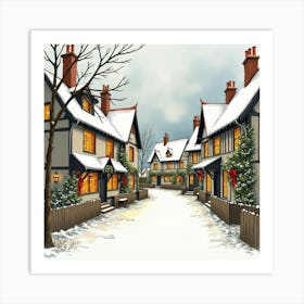 Watercolor Depiction Of An English Village Holiday Celebration With Decorations 1 Art Print