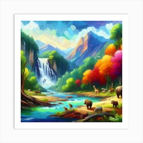 Colorful Landscape With Animals And Waterfall Art Print