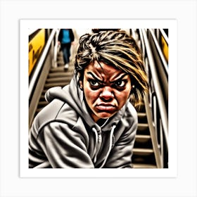 Angry Girl On Escalator Art Print