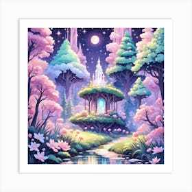 A Fantasy Forest With Twinkling Stars In Pastel Tone Square Composition 86 Art Print