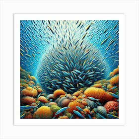 Sardines Gathering Around A Coral Reef In A Vibrant Mosaic, Style Digital Mosaic 2 Art Print