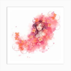 Abstract Watercolor Asian Girl With Flowers Art Print