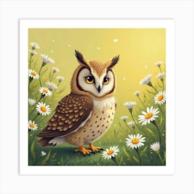 Owl On A Field Of Daisies 1 Art Print