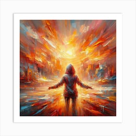 Abstract painting Of A Man In A City A stunning expressionist painting with a vibrant color palette dominated by orange, reds, and yellows. The thick, loose brushstrokes create a sense of movement and energy, with visible paint drips and spatters adding to the overall texture. The focal point is a young girl wearing a hoodie, her arms outstretched as if embracing the world. The background is a dreamlike, impressionistic landscape with distorted perspectives, showcasing a dynamic interplay of colors and shapes. The overall atmosphere is vivid, dynamic, and full of life... Art Print