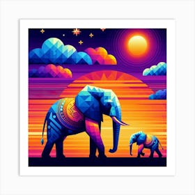 Brave Elephants At Sunset Art Print