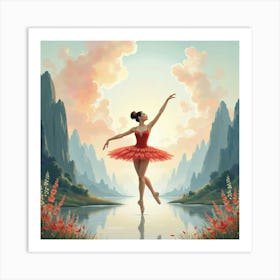 Elegant Ballet In Watercolor With Mythical Landscape 1 Art Print