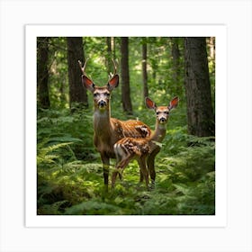 Mother And Fawn In The Forest Art Print