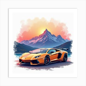 Lamborghini Aventador With A Watercolor Vibrant Mountain Range 1 Art Print