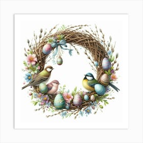 Easter Wreath With Birds And Eggs, Watercolor Painting Style Affiche