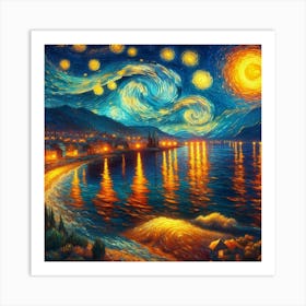 Starry Night Landscape by The Sea, Van Gogh, Painting Art Art Print