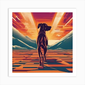 An Image Of A Dog Walking Through An Orange And Yellow Colored Landscape, In The Style Of Dark Teal Art Print