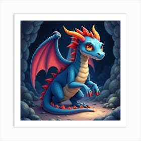 Horror Themed Dragon In Dark Cave, Watercolor, Colorful Hues 1 Art Print