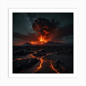 A Dramatic Volcanic Landscape With Flowing Lava, Steaming Vents, And A Dark, Starry Sky 2 Art Print