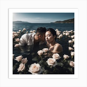 Tyndall Effect, A Beautiful Man Ans Woman Lies Underwater In Front Of Pale Black Roses ,Sunbeams In Art Print