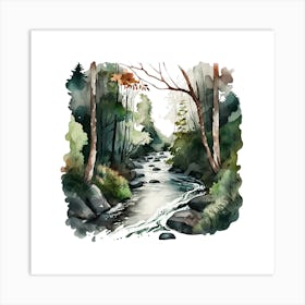 Watercolor River In The Forest Art Print