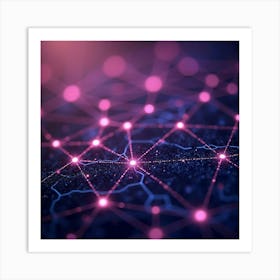 Digital Network Map With Glowing Nodes, Watercolor Background Of Purples 1 Art Print