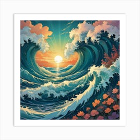 Great Waves At Sunset Art Print