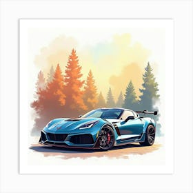 Chevrolet Corvette Zr1 Set In A Colorful, Watercolor Scene, No Signature Or Logo Art Print