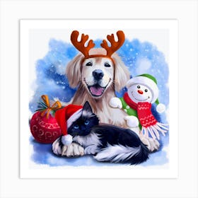 Christmas Dog And Cat Art Print