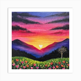 A Painting Of A Fantastical Twilight Landscape Where A Blazing Red And Pink Sun Sets Behind Towerin Art Print