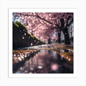 Raindrops through Cherry Blossom Trees Art Print