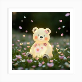 A Glowing Bear With Flower Patterned Fur Sitting In A Meadow Surrounded By Magical Floating Petals 1 Art Print