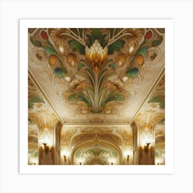 William Morris Inspired Floral Motifs Decorating The Walls Of An Elegant Ballroom, Style Art Nouveau Art Print