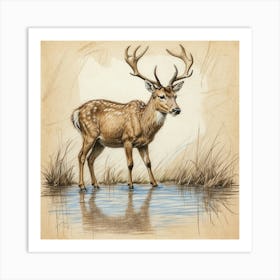 Deer By The Water Art Print