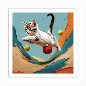 Cat Playing With Balls Art Print