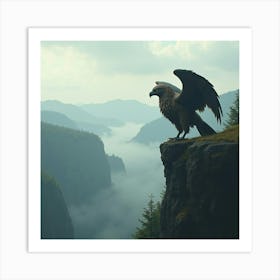 A Legendary Griffin Perched On A Cliff Overlooking A Misty Valley 1 Art Print