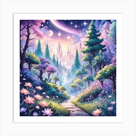 A Fantasy Forest With Twinkling Stars In Pastel Tone Square Composition 439 Art Print