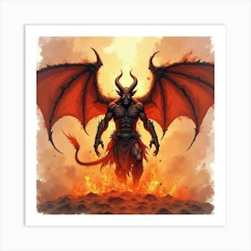 Demon Creating Chaos In A Watercolor, Fiery Background 1 Art Print