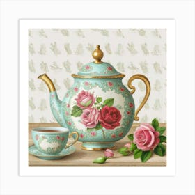 A very finely detailed Victorian style teapot with flowers, plants and roses in the center with a tea cup 18 Art Print