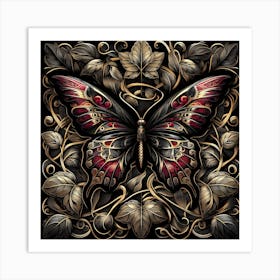 Metallic Bronze Black & Red Gothic Butterfly Art Print