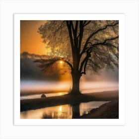 Tree on water with sunset Art Print