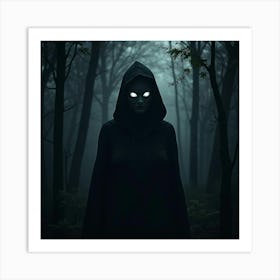 Dark Sorceress In A Shadowy Forest With Eerie, Glowing Eyes Peering From The Dark 1 Art Print