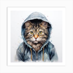 Watercolour Cartoon Cat In A Hoodie 3 Art Print