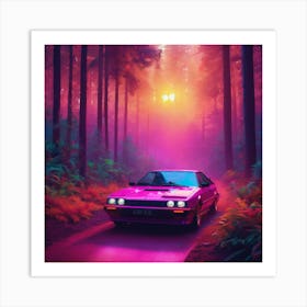 Pink Car In The Forest Art Print