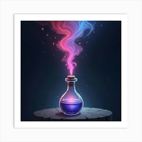 Mystical Potion Bottle Emitting Swirling, Colorful Mist Art Print