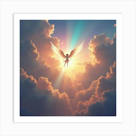 Angel Flying Through Radiant Clouds, Glowing Rainbow Sky 1 Art Print