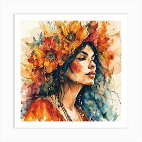 Bohemian Woman, Watercolor Of A Girl With Flowers Art Print