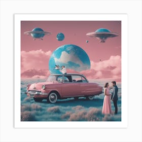 Make A Surreal Vintage Collage Of A Field With Planet Earth At The Center, A Couple Watching, Flying (10) Art Print