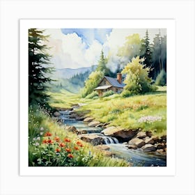 Cozy Cottage Nestled In A Field Of Vibrant Wildflowers Beams Of Sunlight Breaking Through The Lush Art Print